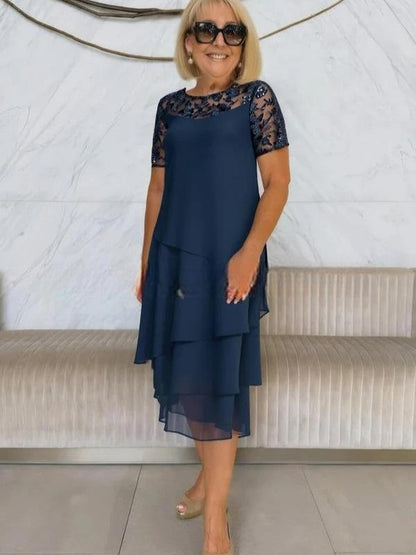 Robe élégante femme manches dentelle asymétrique