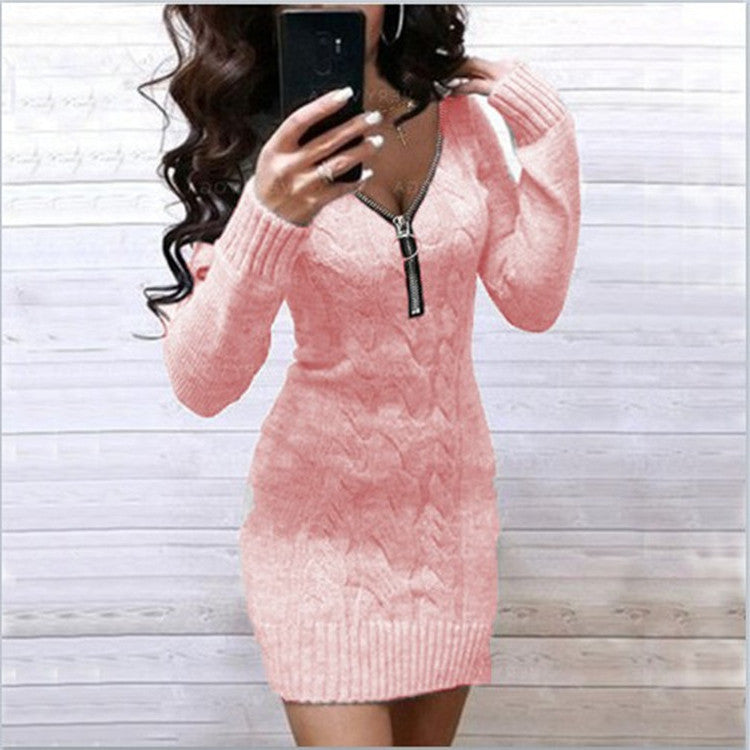 Robe pull en tricot pour femme avec fermeture éclair et motif torsadé