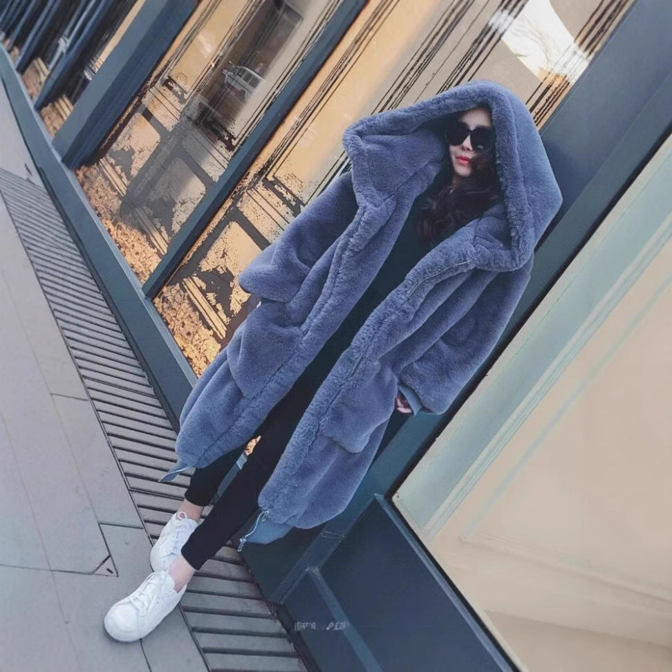 Manteau oversize pour femme, fausse fourrure, capuche et poches