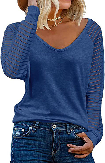 Haut Femme Manches Longues Col V Rayures Manches Tendance