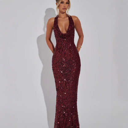 Robe de soirée glamour à sequins et décolleté en V