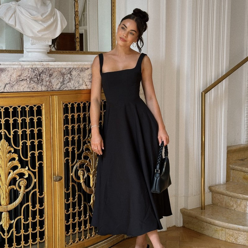 Robe longue femme élégante ligne A décolleté carré