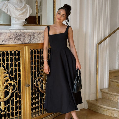 Robe longue femme élégante ligne A décolleté carré