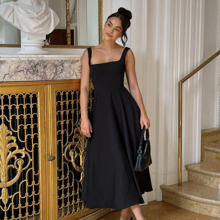 Robe longue femme élégante ligne A décolleté carré