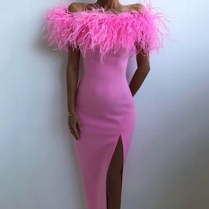 Robe de soirée élégante avec dentelle de plumes et coupe ajustée