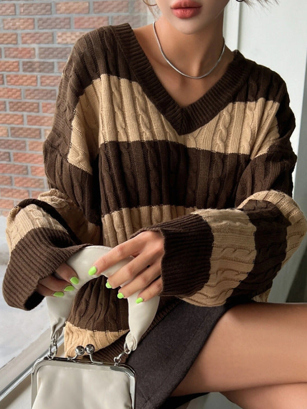 Pull en tricot pour femme col en V manches longues design élégant