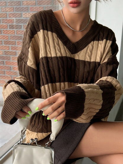 Pull en tricot pour femme col en V manches longues design élégant