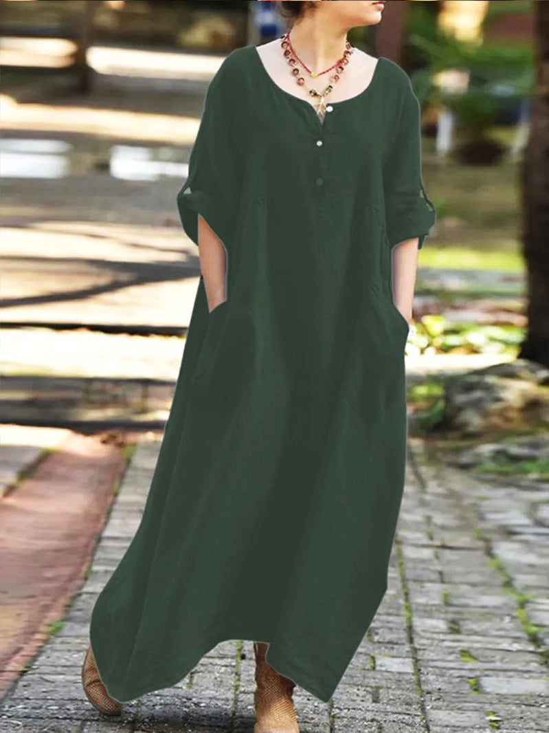Robe longue décontractée pour femme avec poches et boutons