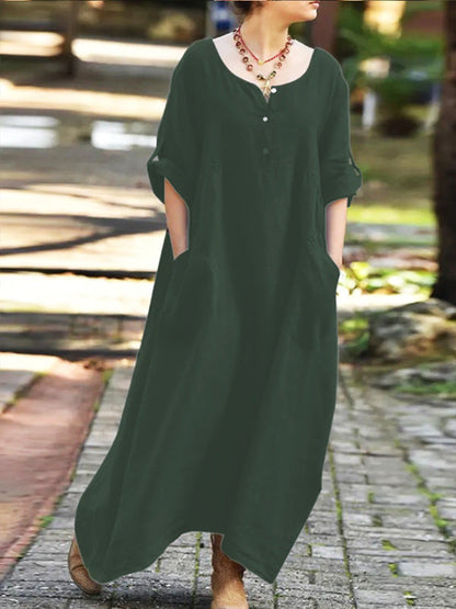Robe longue décontractée pour femme avec poches et boutons