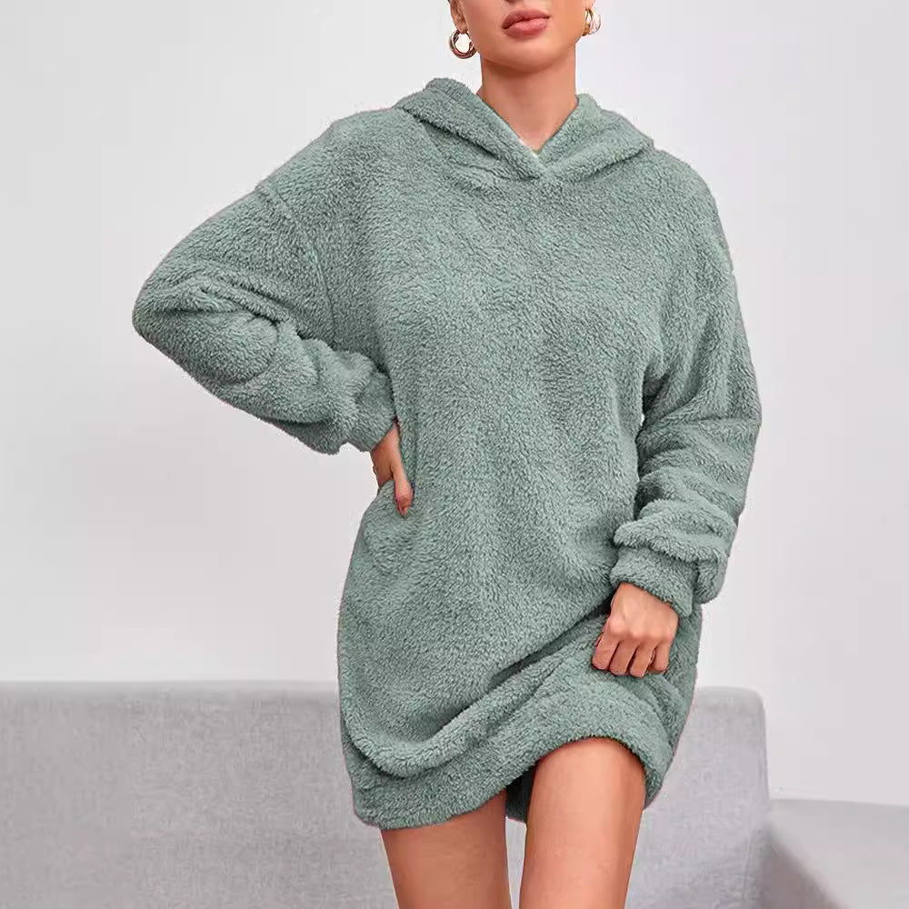 Damen Hoodie-Kleid Weich Kapuze Mit Taschen - IdealeKleiden