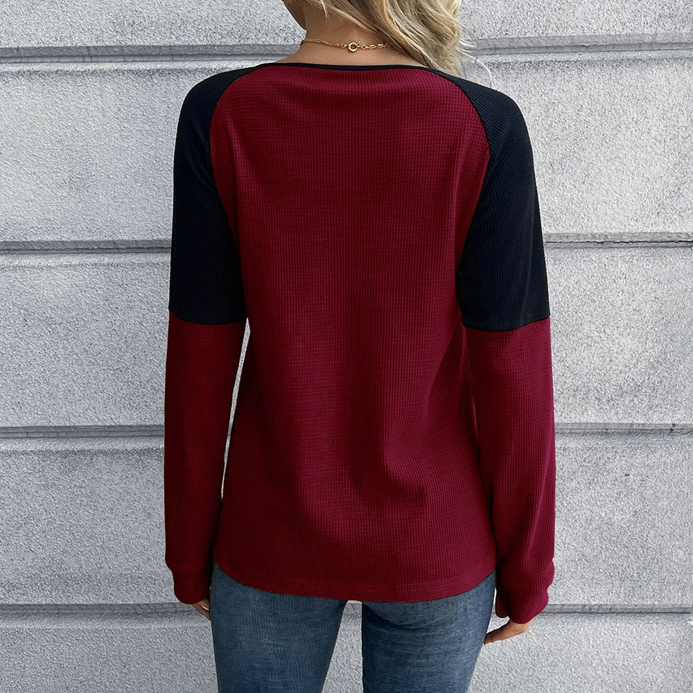 Bequeme Langarm T-Shirt Waffelstrick Lockere Passform - IdealeKleiden