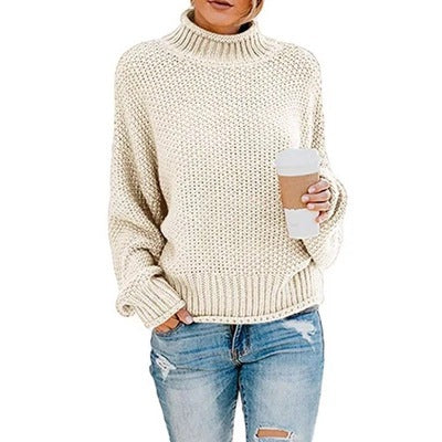 Pull femme grosse maille col montant manches oversize