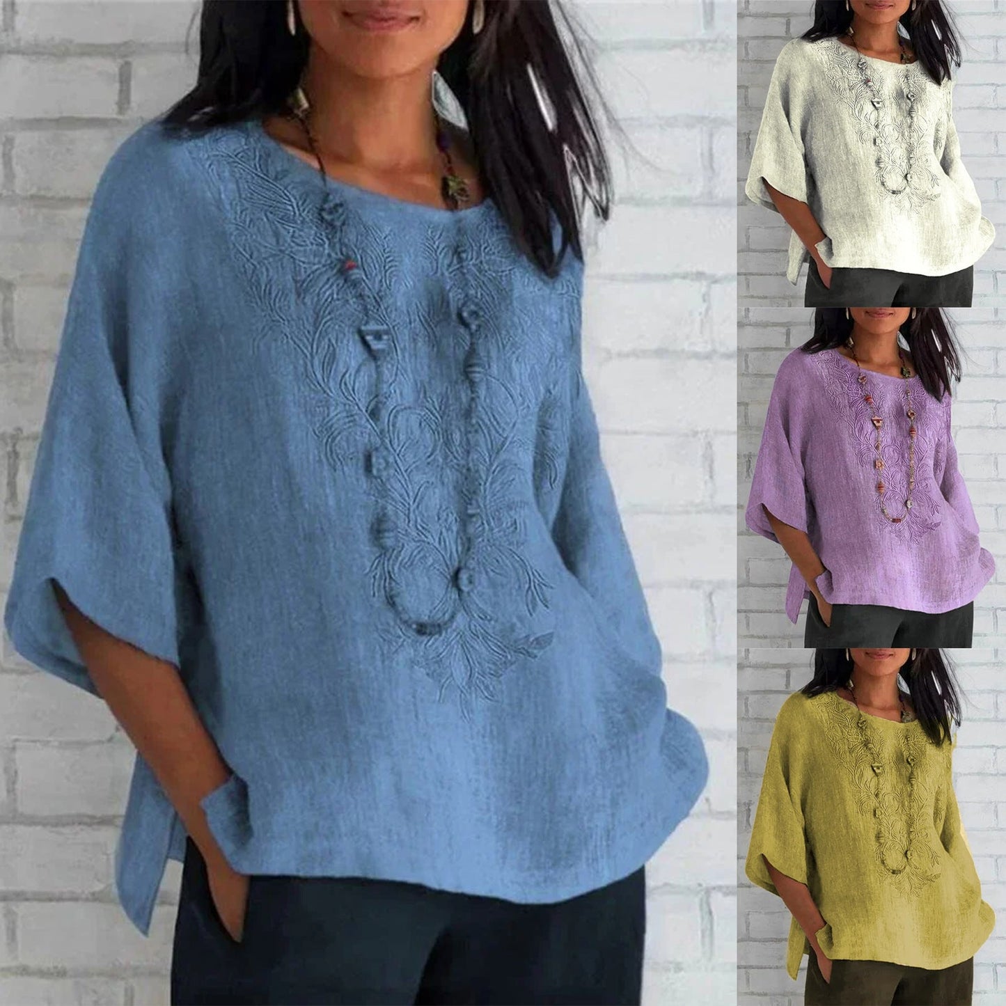 Damen Leinenbluse Bestickt Elegant Sommer - IdealeKleiden