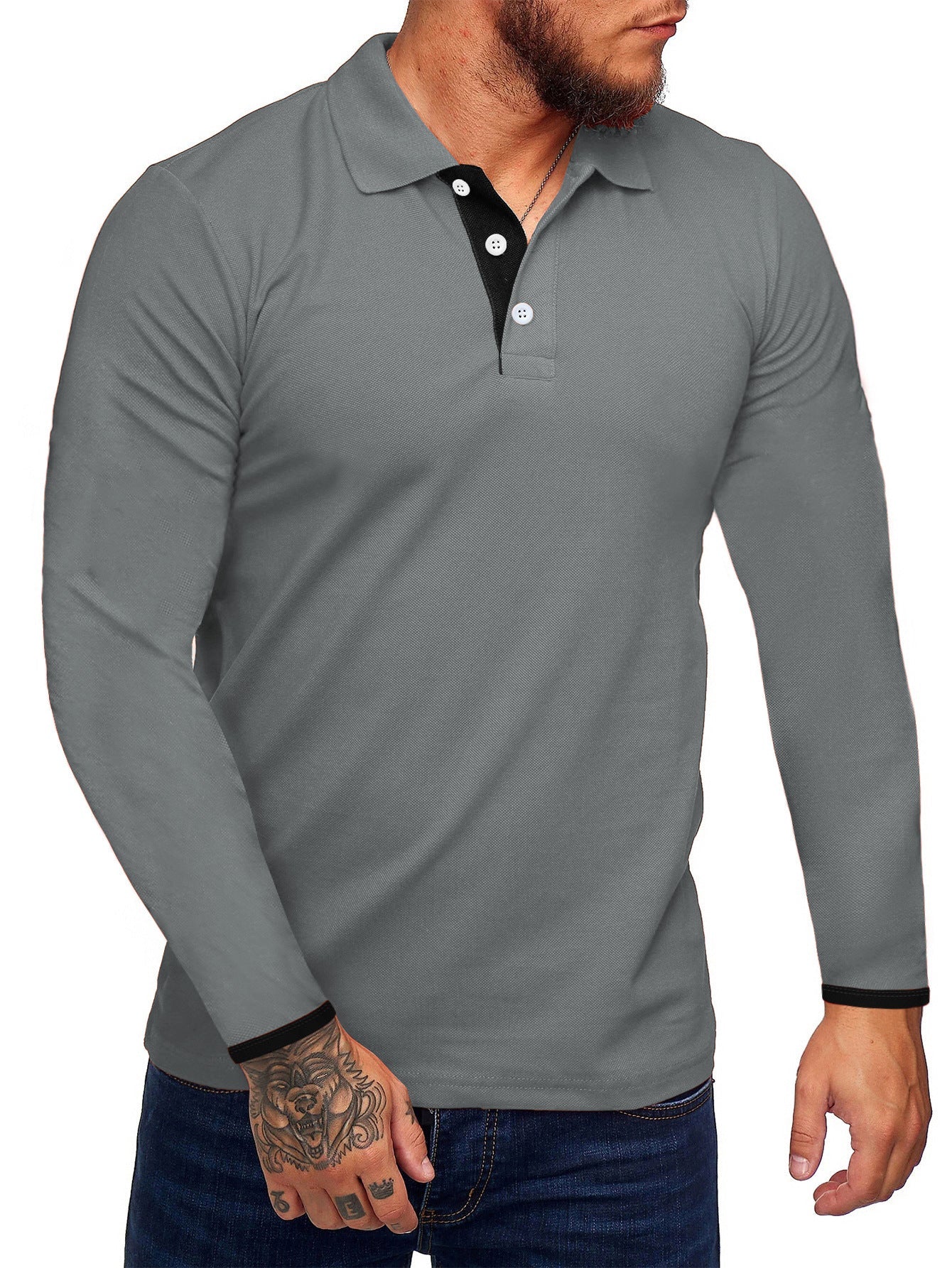 Polo homme manches longues, moderne, boutons contrastés