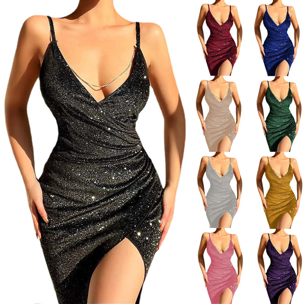 Glitzerndes Damenkleid V-Ausschnitt Seidenoptik Abendkleid - IdealeKleiden