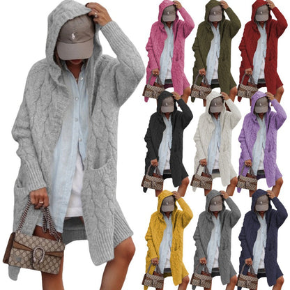 Damen Strickjacke Kapuze Zopfmuster Trendy - IdealeKleiden