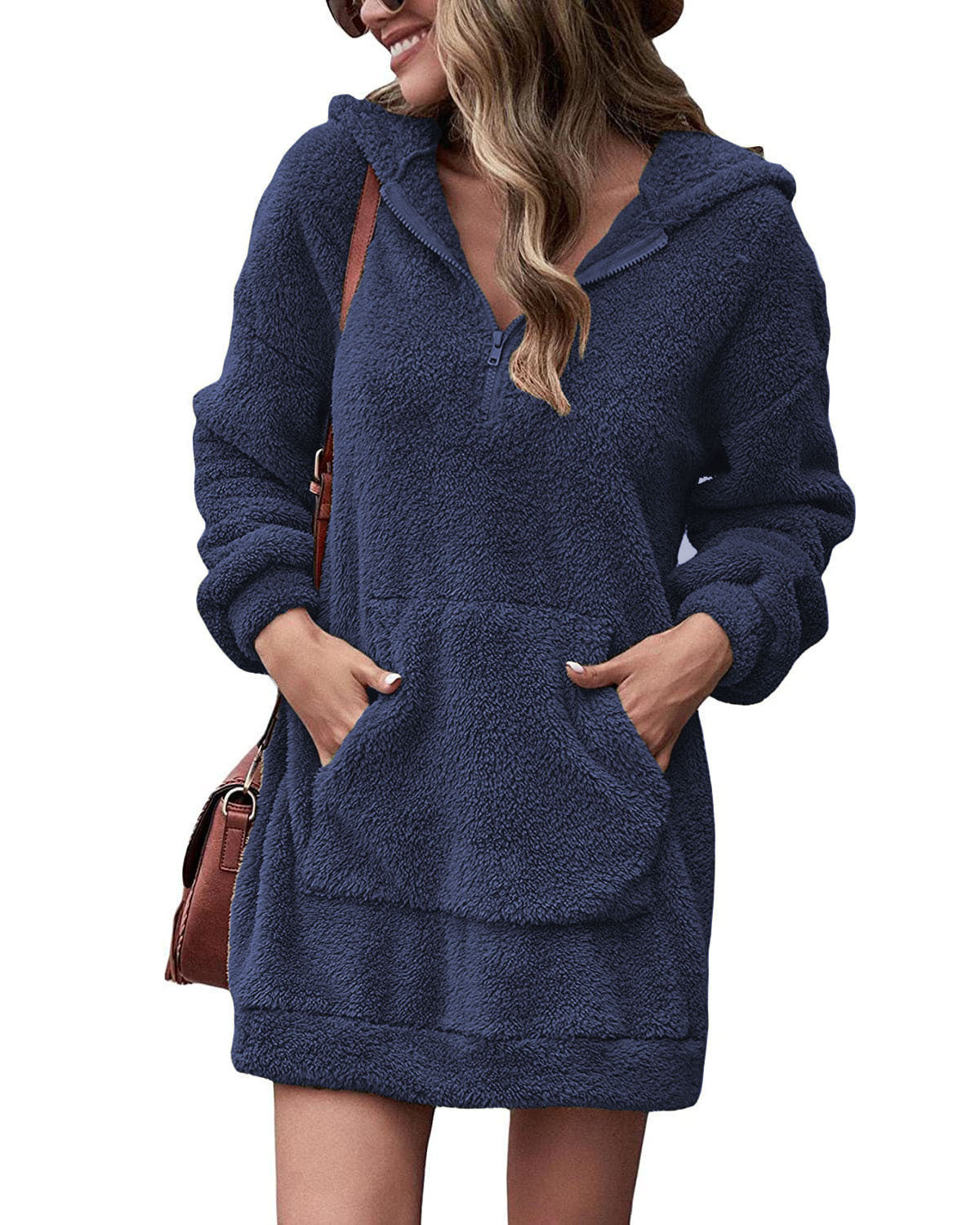 Robe polaire pour femme à capuche, avec poches, douce, robe d'hiver