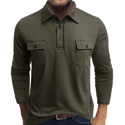 Polo pour hommes, coton, manches longues, poches à rabat