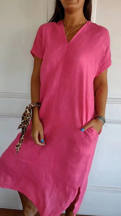 Robe d'été femme viscose lin élégante col en V