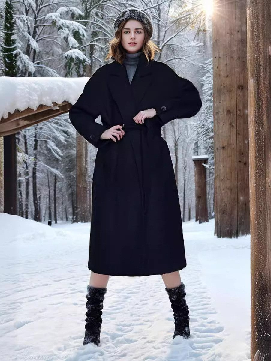 Manteau en laine pour femme élégant manches larges ceinture
