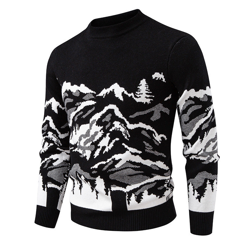 Pull en tricot pour homme, motif montagne, col montant, tendance