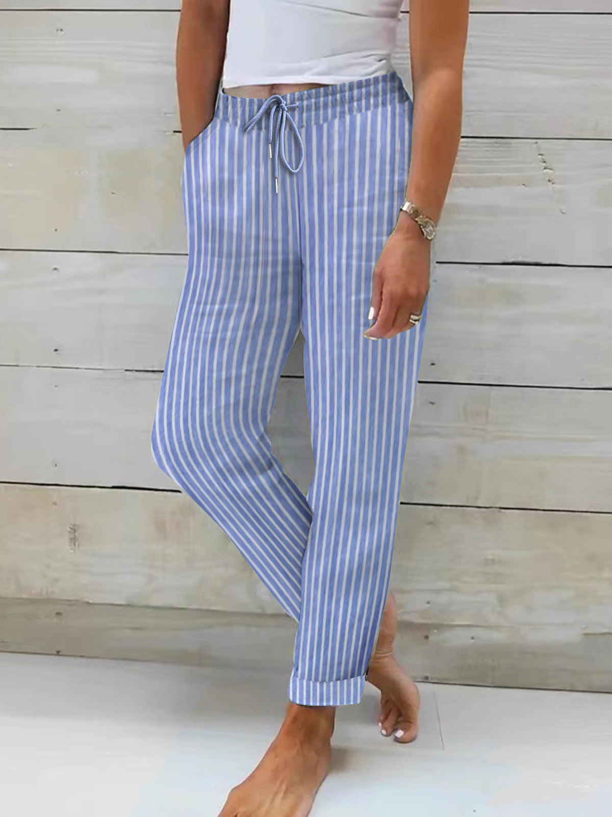 Femmes Pantalon confortable en coton à rayures Taille élastique