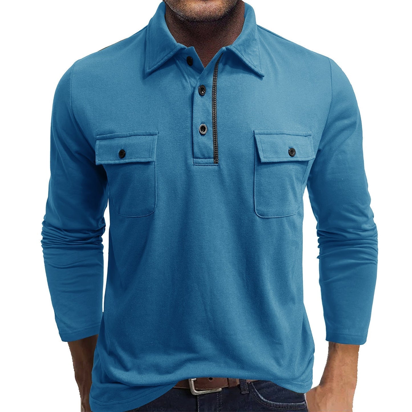 Polo pour hommes, coton, manches longues, poches à rabat