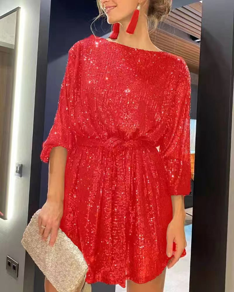 Mini-robe brillante élégante à manches longues pour femme