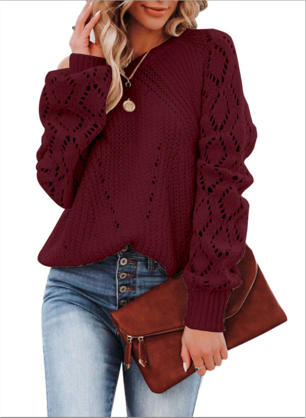 Pull Femme Élégant Manches Amples Tricot Aéré