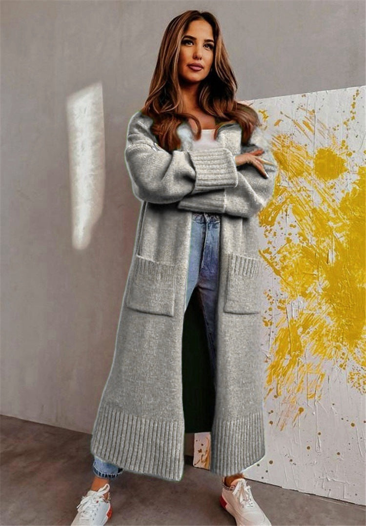 Lange Strickjacke mit Offener Vorderseite und Taschen - IdealeKleiden
