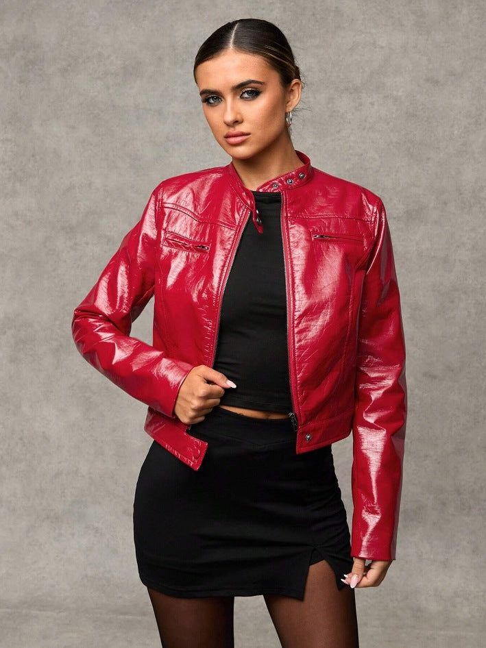 Veste en cuir courte pour femme, style asymétrique chic