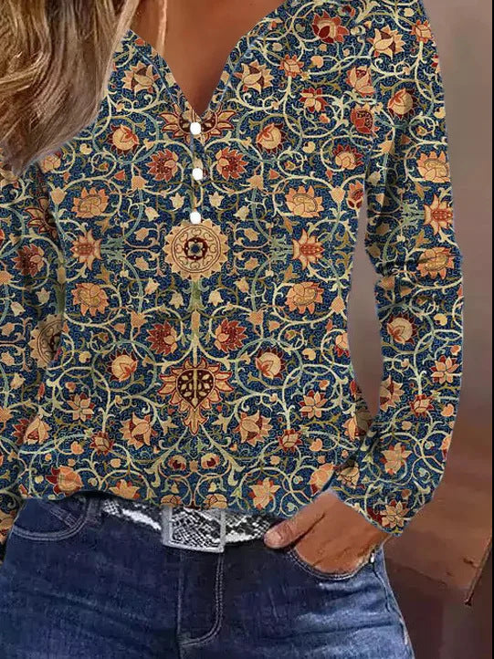Damen Langarmshirt Elegant Farbverlauf Knöpfe - IdealeKleiden