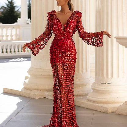 Robe de soirée glamour à paillettes et manches en dentelle