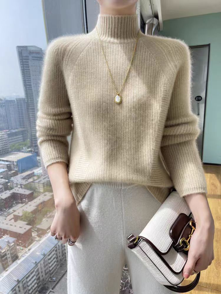 Pull pour femme manches longues côte fine col montant