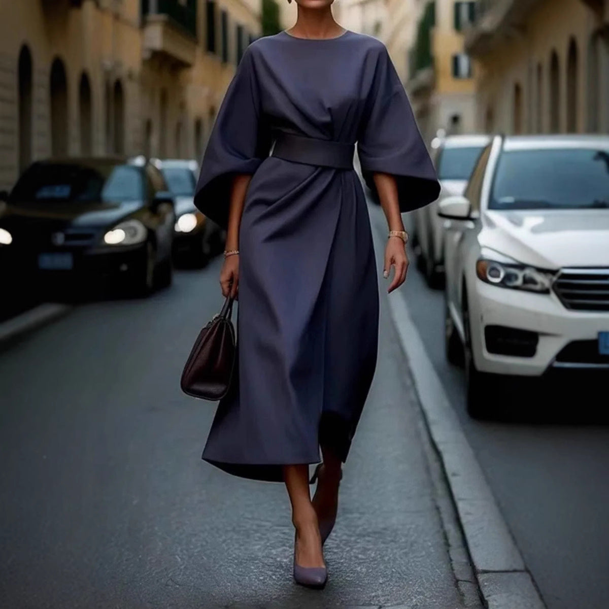 Damenkleid Elegant Midi Länge Voluminöse Ärmel - IdealeKleiden