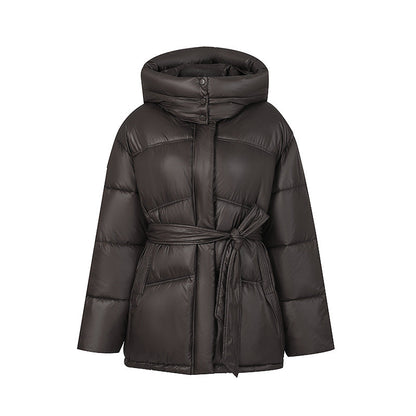 Manteau d'hiver élégant matelassé pour femme avec ceinture et capuche