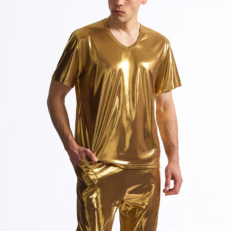 T-shirt homme col V aspect brillant qualité premium