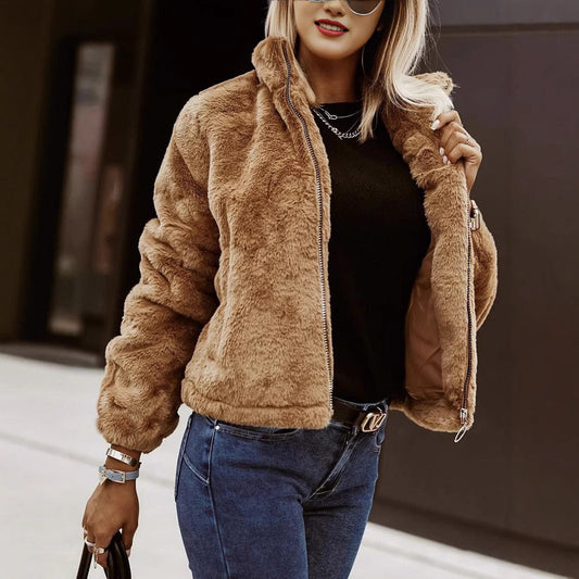 Weiche Teddyjacke Damen Bomber Soft Reißverschluss - IdealeKleiden