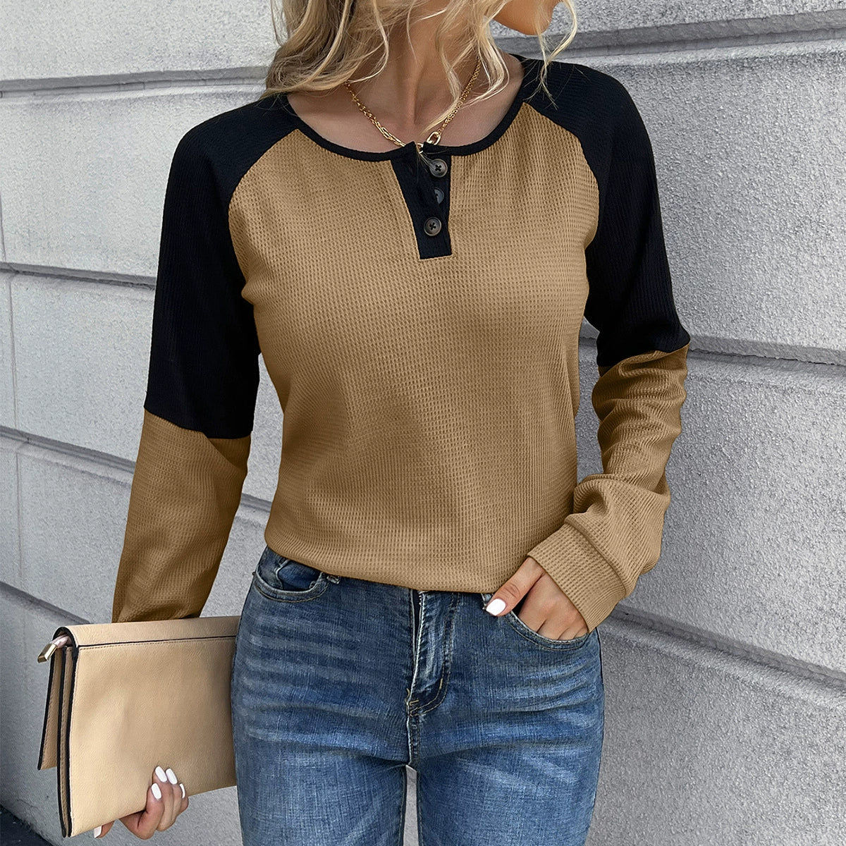 T-shirt à manches longues confortable en tricot gaufré, coupe décontractée