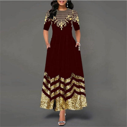 Robe longue femme élégante à motifs dorés robe d'été