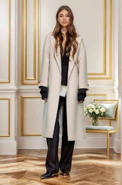 Manteau en laine pour femme élégant manches larges ceinture