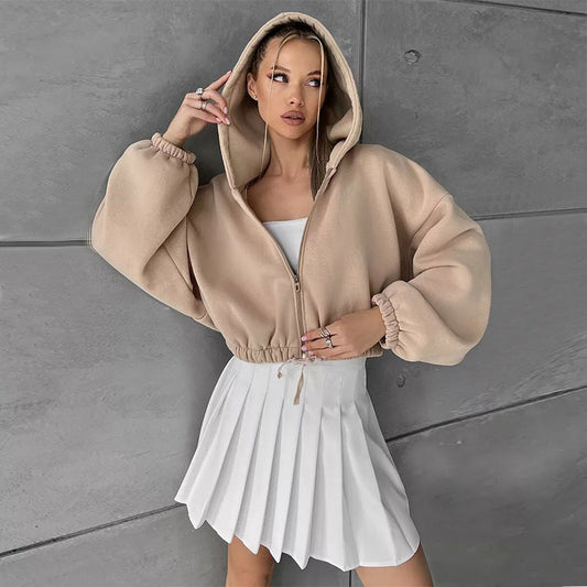 Damen Sportliche Cropped Hoodie Mit Reißverschluss - IdealeKleiden
