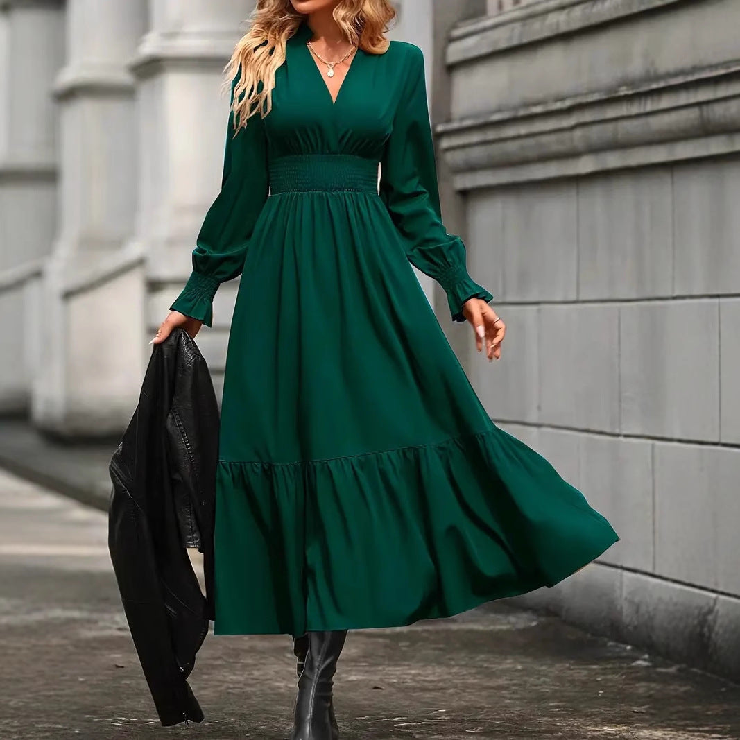 Damen Maxikleid Elegant V-Ausschnitt Locke Ärmel - IdealeKleiden