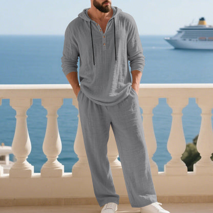 Ensemble de survêtement à capuche en lin pour homme, confortable avec poches