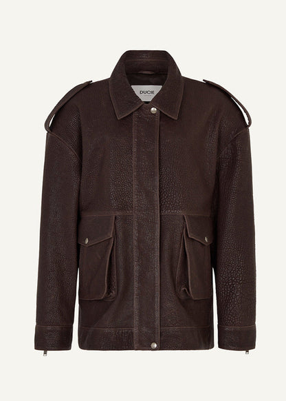 Veste en cuir marron foncé avec poches pratiques
