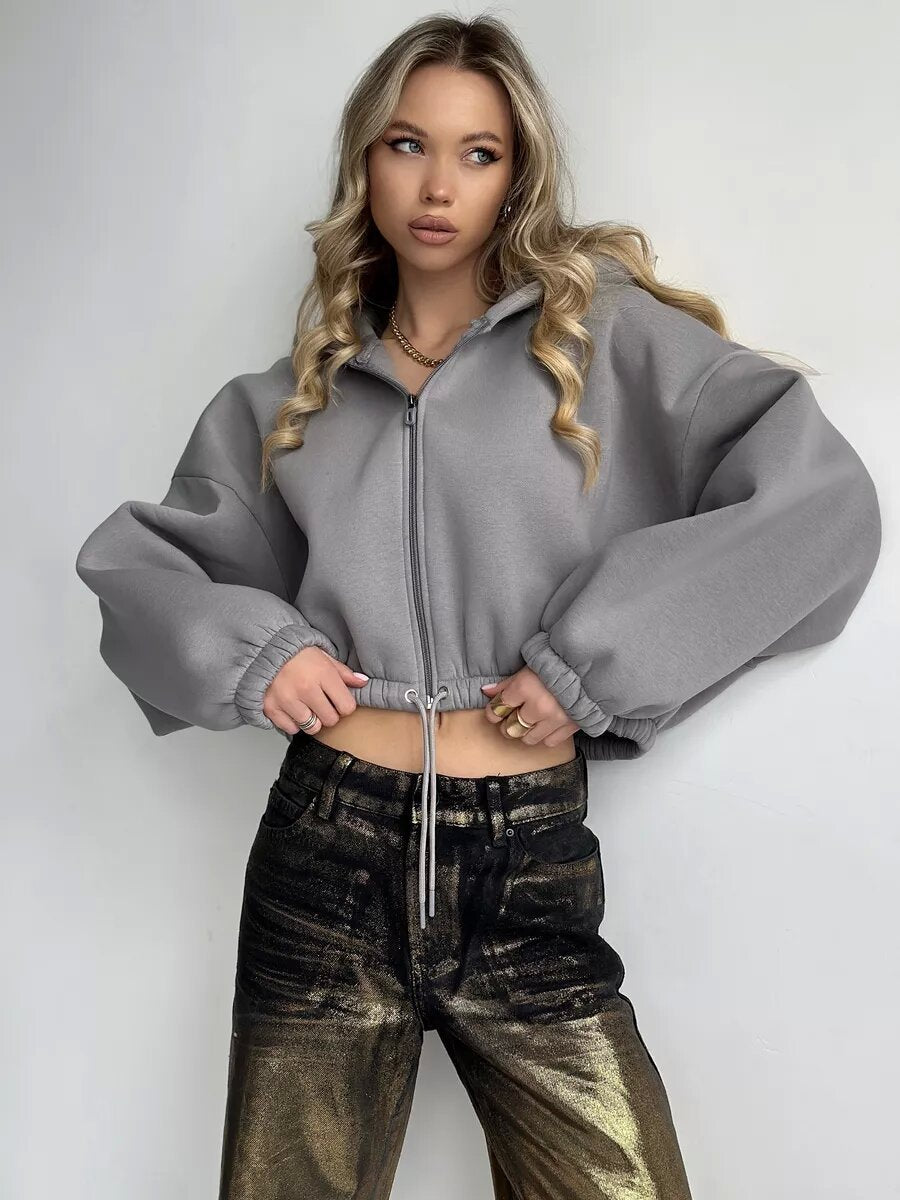 Sweat à capuche court zippé pour femme