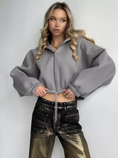 Sweat à capuche court zippé pour femme