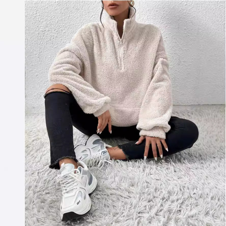 Damen Fleece Pullover Weich Stehkragen Taschen - IdealeKleiden