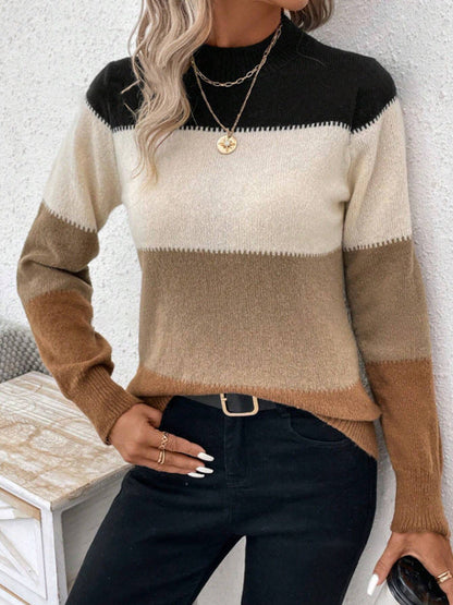 Pull tricoté femme Tendance Rayures color block Col haut