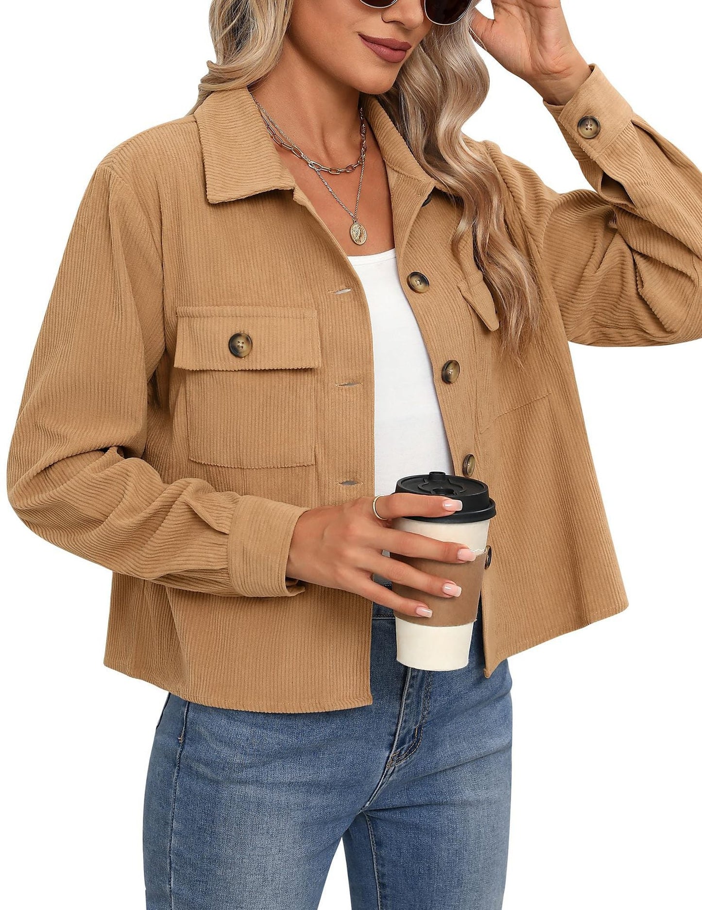 Veste en velours côtelé pour femme, design moderne à deux poches